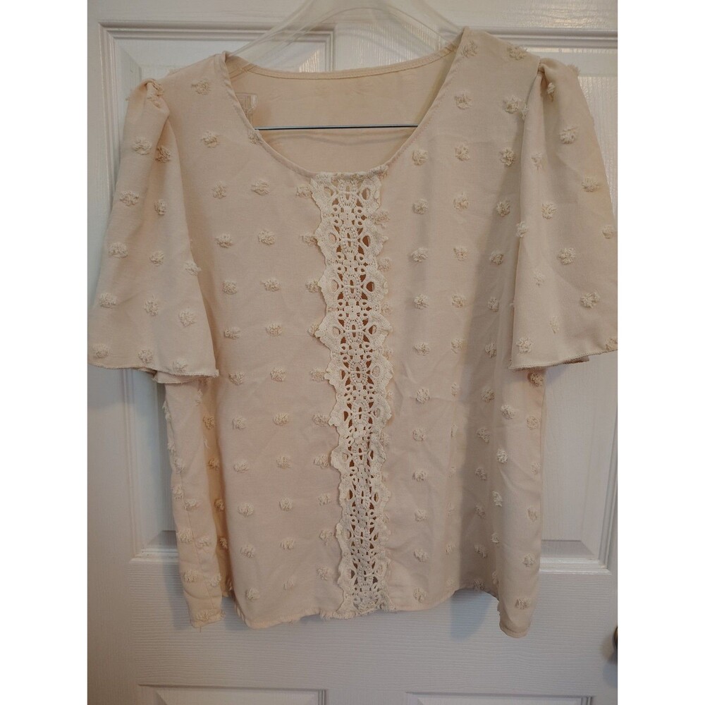 Women’s Beige Textured Scoop Neck Flutter Sleeve Pullover Crochet Blouse